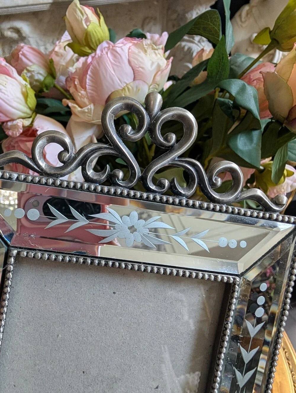 Vintage Ornate Italian Venetian-style mirrored tabletop picture frame,  hand-etc